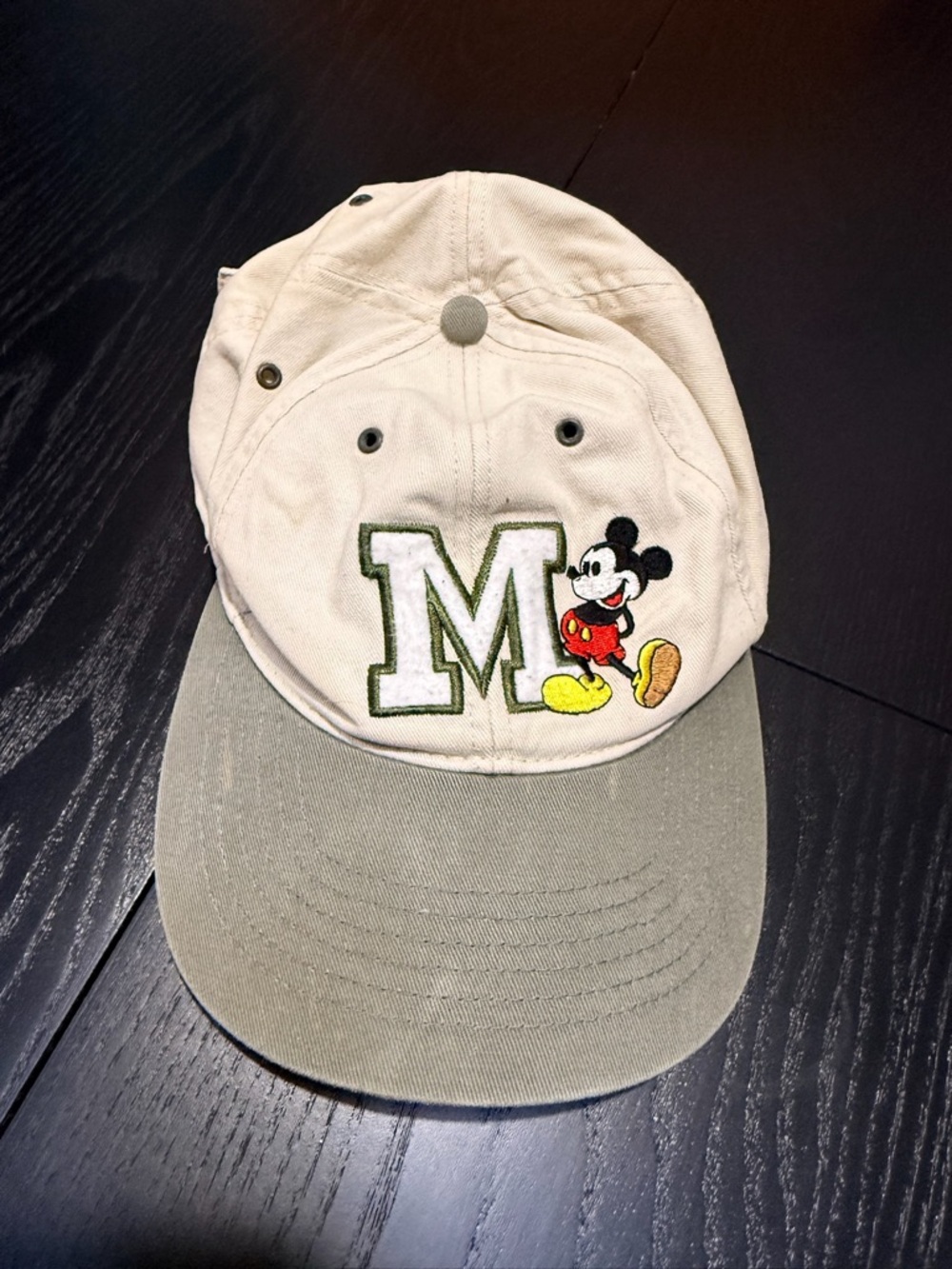 Vintage Disney Beige and Olive Green Mickey Mouse Baseball Cap